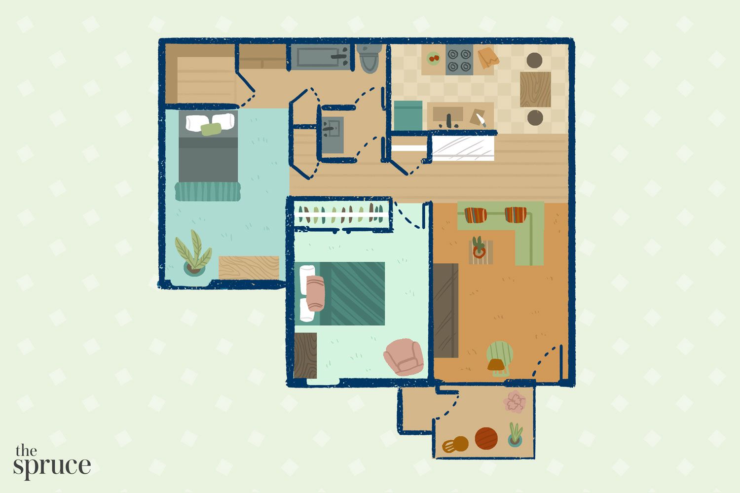 دهان توضيحي لترتيب غرفة المعيشة الصغيرة